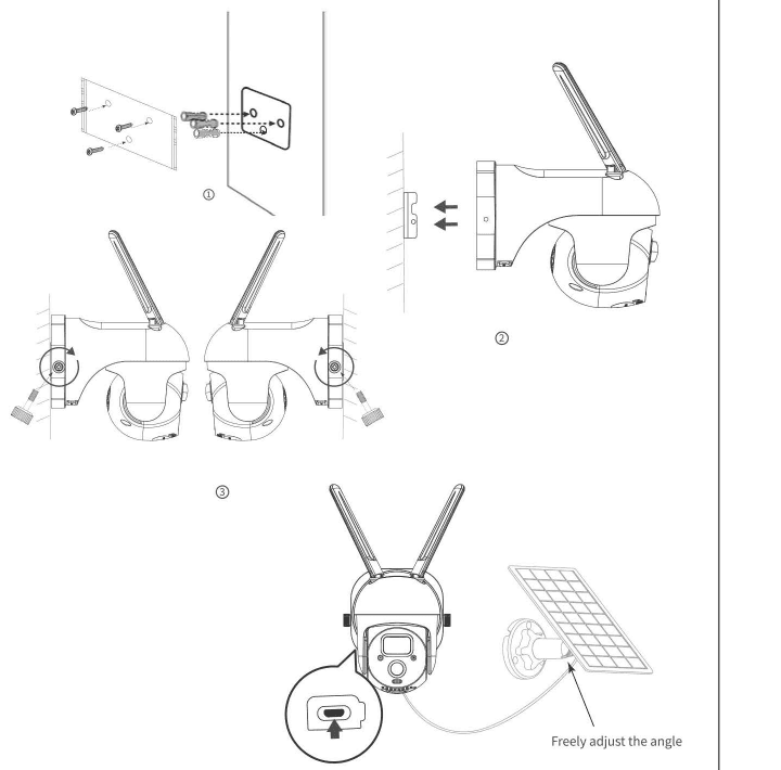 Firetrinns brakettmontasjediagram: bor hull og fest base til veggen, monter kameraet på basen, juster kameravinkelen og koble solpanelkabelen til Micro-USB-porten