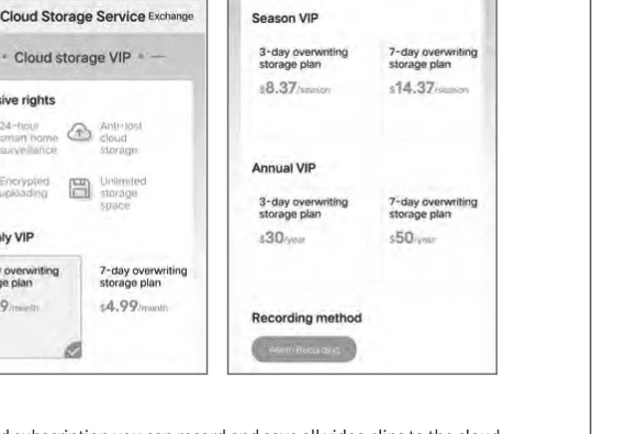 App-skjermbilder av skylagringstjenestens VIP-planer: Månedlig VIP, Sesong-VIP og Årlig VIP