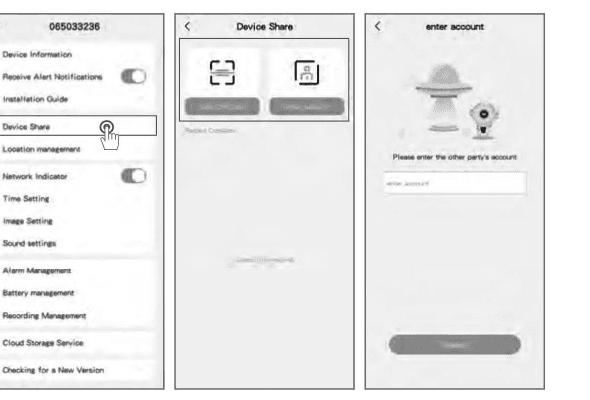 App-skjermbilder: Enhetsdeling på innstillingssiden, skann QR-kode og skriv inn konto