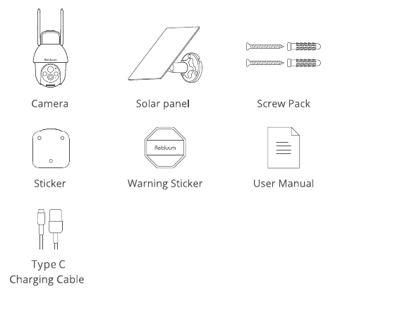 Pakkeliste: kamera, solpanel, skruepakke, klistremerke, advarselsmerke, brukerveiledning, USB-C-ladekabel