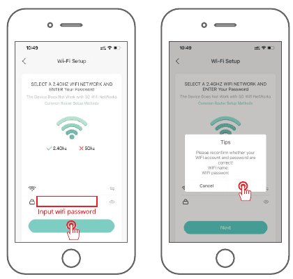 Wi-Fi-oppsett: velg et 2,4 GHz-nettverk, skriv inn passordet, bekreft Wi-Fi-navn og passord