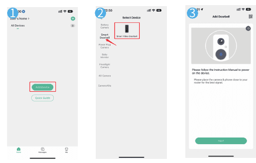 Three CloudEdge app screens: Add device, Select device, and Add Doorbell