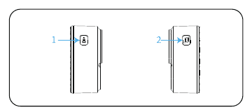 Wireless chime with the pairing/volume button (1) and ringtone button (2) labeled