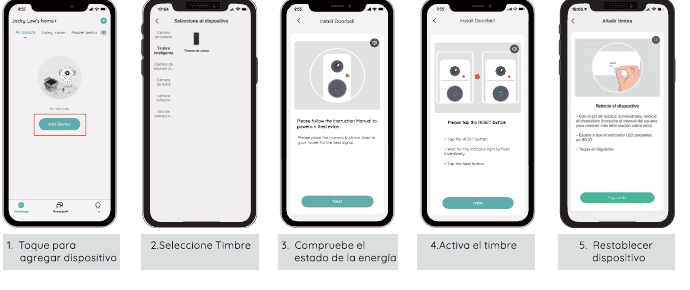 App setup screens steps 1 to 5: add device, select doorbell, check power status, activate the doorbell, reset device