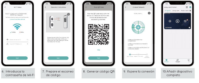 App setup screens steps 6 to 10: enter Wi-Fi password, prepare code scan, generate QR code, wait for connection, device added complete