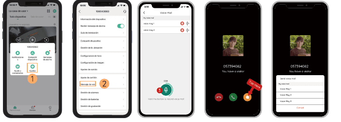 Voice message screens: open settings, select voice message, hold to record, incoming visitor call, select message to play