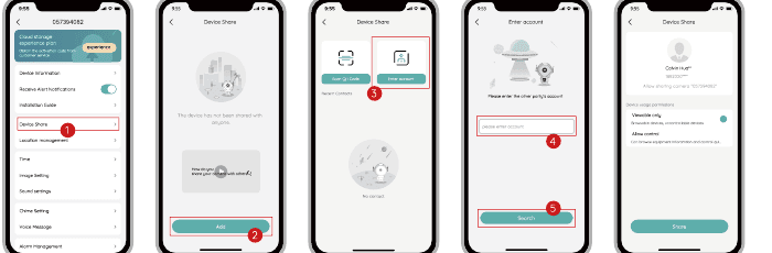 Device sharing by account screens: open Device Share, add, choose enter account, enter account, search