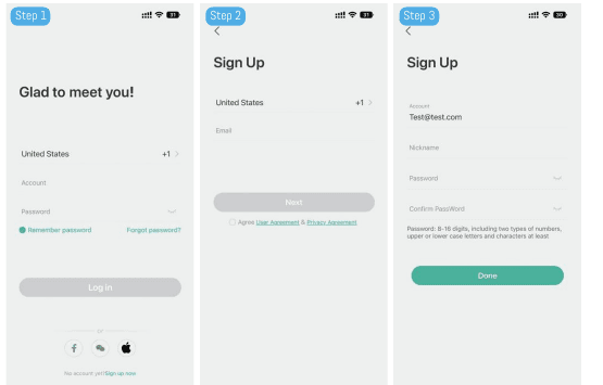 App sign up screens: Glad to meet you, Sign Up country and email, set nickname and password