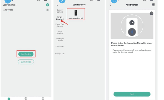 App screens: home Add Device, Select Device with Smart Video Doorbell, Add Doorbell power on prompt