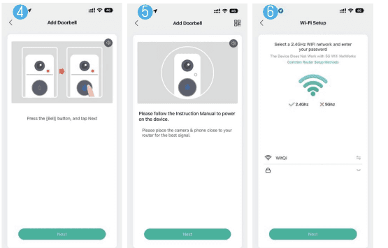 App screens: press the Bell button, power on the device, Wi-Fi Setup choosing 2.4Ghz network