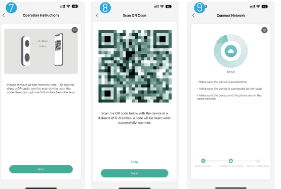 App screens: Operation instructions, Scan QR Code, Connect Network progress