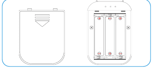Wireless chime battery cover and battery slots showing three AAA batteries with polarity marks