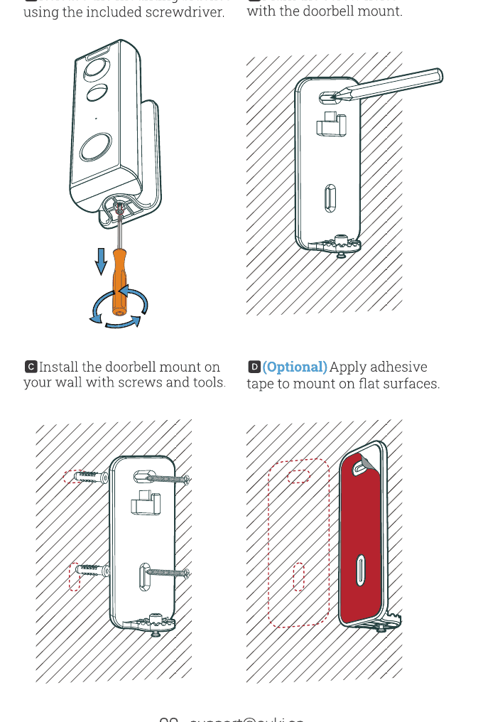 Steps A-D: release the mounting bracket with the included screwdriver; mark the screw holes; install the mount with screws; or apply adhesive tape on flat surfaces