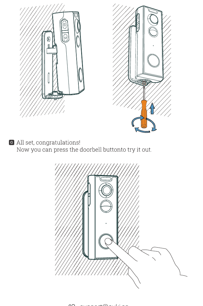 Steps E-G: hook the doorbell onto the mount; adjust the angle and lock the security screw; press the doorbell button to test