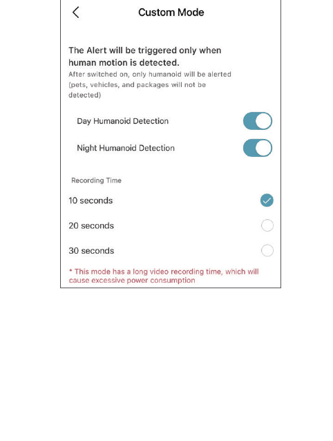 Custom Mode screen: alert triggered only when human motion is detected, with Day/Night Humanoid Detection toggles and recording time options