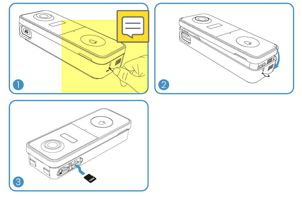 Three steps to install the Micro SD card: insert the unlock pin, remove the doorbell from the bracket, then insert the card into the left-side slot