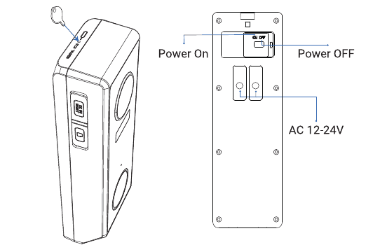 Removing the backplate and turning the power switch to the ON position; the switch has Power On and Power OFF positions and an AC 12-24V terminal