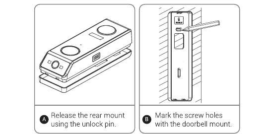 Step A: release the rear mount using the unlock pin. Step B: mark the screw holes with the doorbell mount
