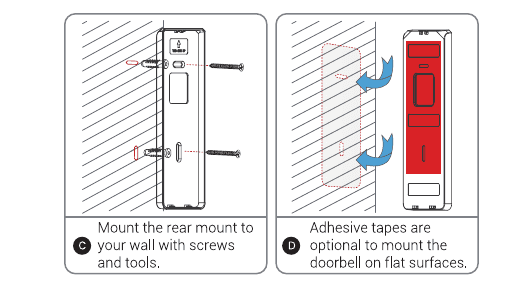 Step C: mount the rear mount to your wall with screws and tools. Step D: adhesive tapes are optional to mount the doorbell on flat surfaces
