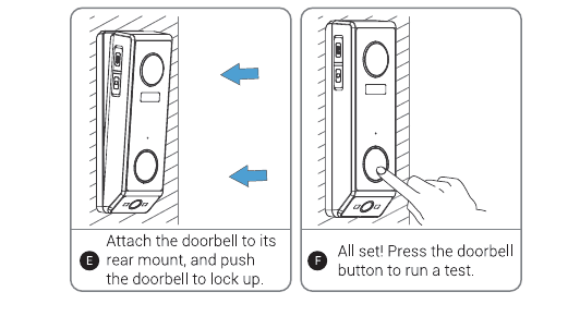 Step E: attach the doorbell to its rear mount and push it to lock up. Step F: press the doorbell button to run a test
