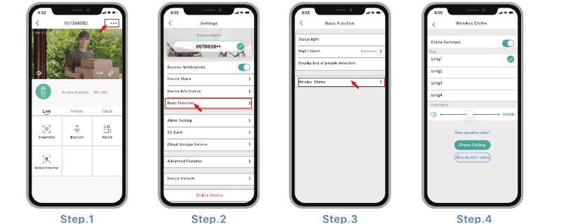 Four app screens for chime settings: Step 1 open the menu, Step 2 tap Basic Function, Step 3 tap Wireless Chime, Step 4 adjust Chime Reminder, ring, ring volume, Chime Pairing and One-button untie