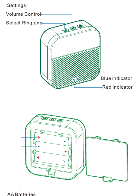 Chime buttons (Settings, Volume Control, Select Ringtone), blue and red indicators, and AA battery compartment