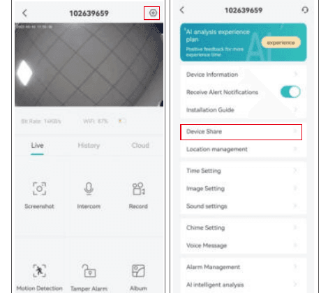 Live view settings icon and the device settings menu with Device Share highlighted