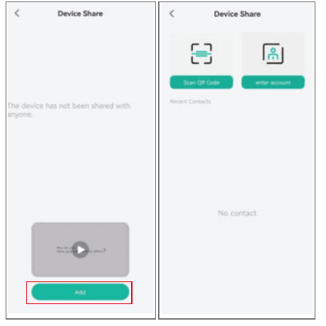Device Share screen with Add button and the Scan QR Code / enter account options