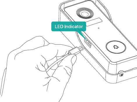 Innsetting av ladekabelen i Micro-USB-porten med LED-indikatoren merket på dørklokken