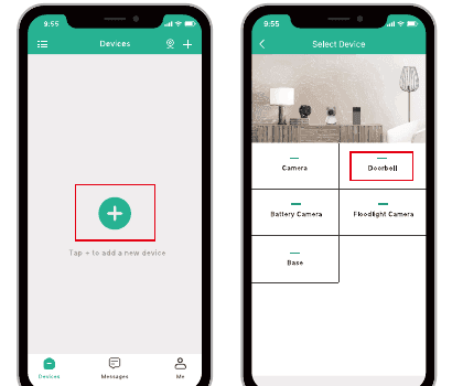 CloudEdge-app-skjermer: trykk på + for å legge til en ny enhet, og velg deretter Dørklokke på siden Velg enhet