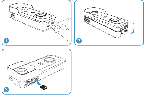 Three steps showing how to release the doorbell from the bracket and insert a Micro SD card into the side slot