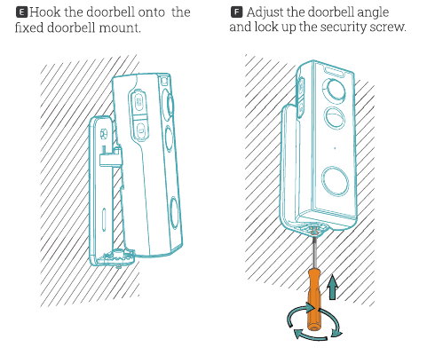 Steps E-F: hook the doorbell onto the fixed mount; adjust the angle and lock up the security screw