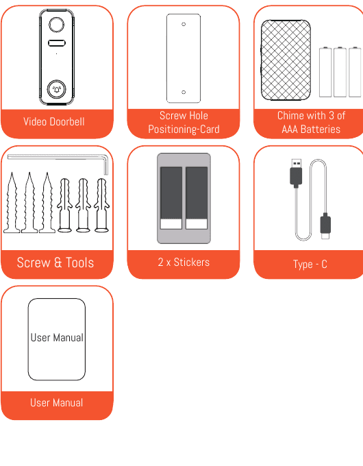 Box contents: Video Doorbell, Screw Hole Positioning-Card, Chime with 3 AAA Batteries, Screw & Tools, 2 x Stickers, Type-C cable, User Manual