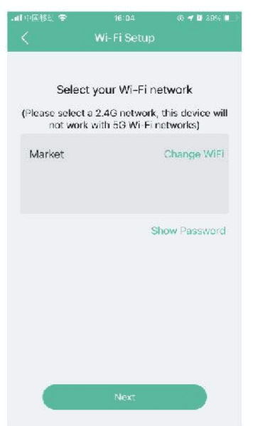 Skærmen Wi-Fi-opsætning til valg af et 2,4 GHz-netværk og indtastning af adgangskoden