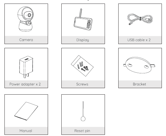 BABY 5S æskens indhold: kamera, skærm, USB-kabel x2, strømadapter x2, skruer, beslag, manual og nulstillingsstift