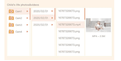 Browser med barnets billeder og videoer fra hverdagen, der viser kameraer, datoer og optagede filer