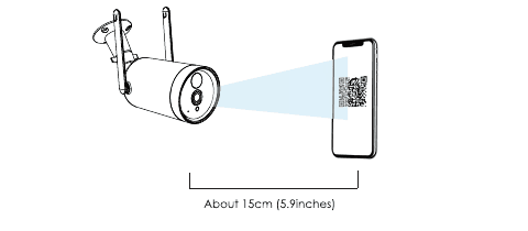 La lente de la cámara apuntando al código QR del teléfono a unos 15 cm (5.9 pulgadas) de distancia