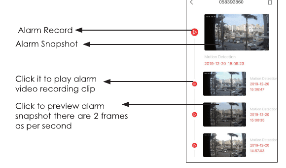 Lista de historial de alarmas que muestra el registro de alarma, la captura de alarma y los clips que puedes tocar para reproducir