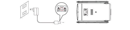 Cargando la cámara: adaptador de 5V 2A y cable de alimentación enchufados al puerto USB de la cámara