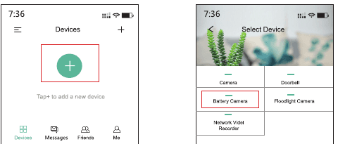 Layar Devices dengan tombol + dan layar Select Device dengan Battery Camera disorot