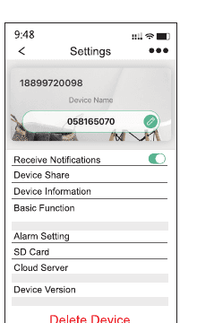 Layar Camera Settings yang menampilkan opsi notifikasi, device share, basic function, alarm, kartu SD, cloud, dan versi