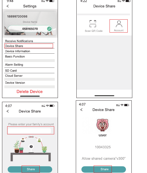 Alur Device Share: Settings, opsi Account, memasukkan akun keluarga, dan konfirmasi Share