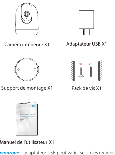 Indhold i NG-C2500-æsken: indendørskamera, USB-adapter, monteringsbeslag, skruepakke og brugervejledning