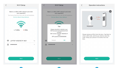 Skærme til Wi-Fi-opsætning: vælg et 2,4 GHz-netværk, bekræft Wi-Fi-oplysninger og anvisninger til scanning af QR-koden