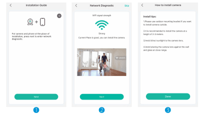 Skærme til installationsvejledning: placér kamera og telefon til netværksdiagnose, resultat for signalstyrke og installationstips