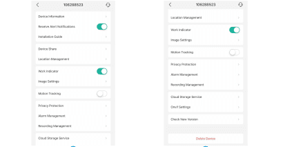 Panelet med enhedsindstillinger, der viser enhedsoplysninger, notifikationer, installationsvejledning, driftsindikator, billedindstillinger, bevægelsessporing, beskyttelse af privatliv, alarmstyring, optagestyring og cloud-lagring