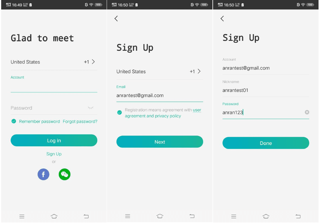 CloudEdge-appens skærme til oprettelse af konto: login-skærmen Glad to meet, indtastning af e-mail under Sign Up samt kaldenavn og adgangskode under Sign Up