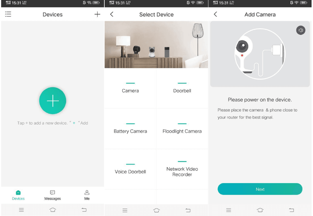 CloudEdge-startskærmen Devices med tilføj-knap, listen Select Device med Camera og andre typer samt skærmen Add Camera med tænd for strømmen
