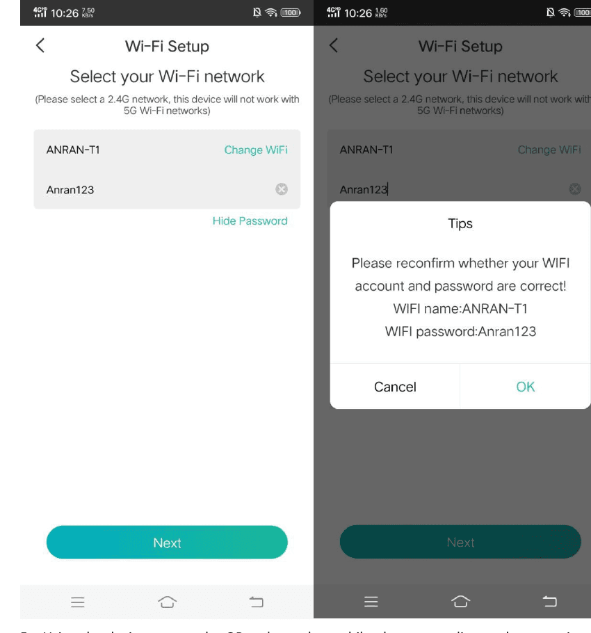 Skærmen Wi-Fi Setup, hvor der vælges et 2.4G-netværk, med en Tips-dialog om at bekræfte Wi-Fi-navn og adgangskode igen