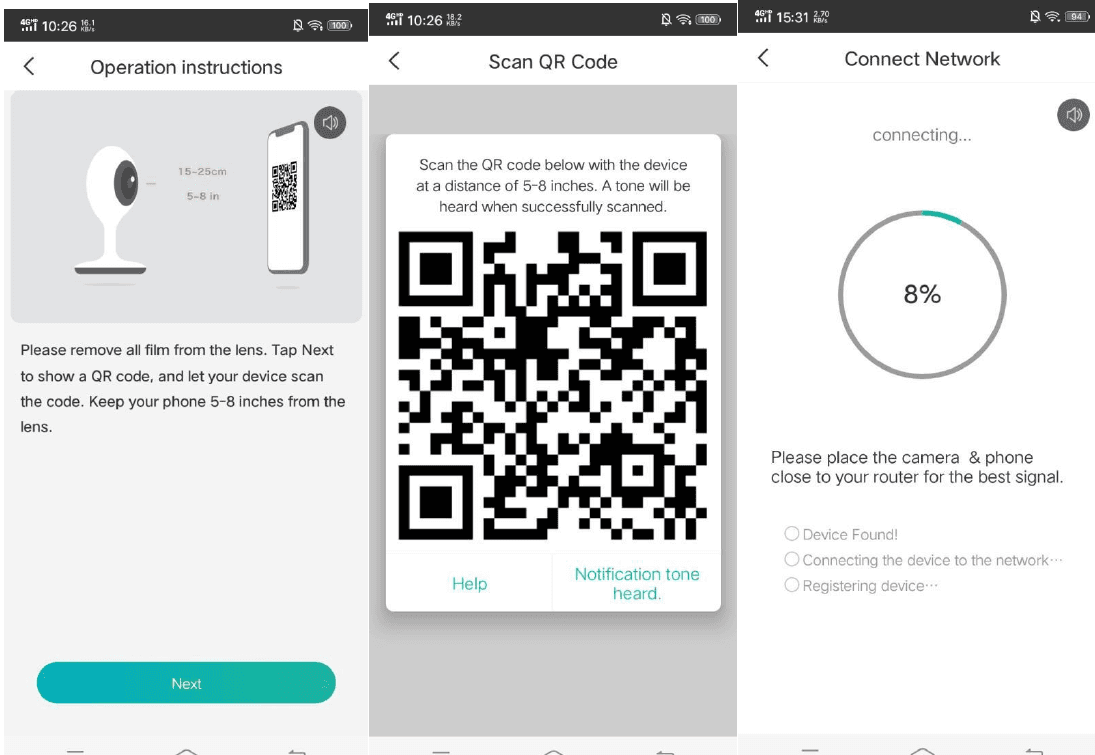 Betjeningsvejledning om at holde telefonen 5-8 tommer fra linsen, skærmen Scan QR Code og statusskærmen Connect Network